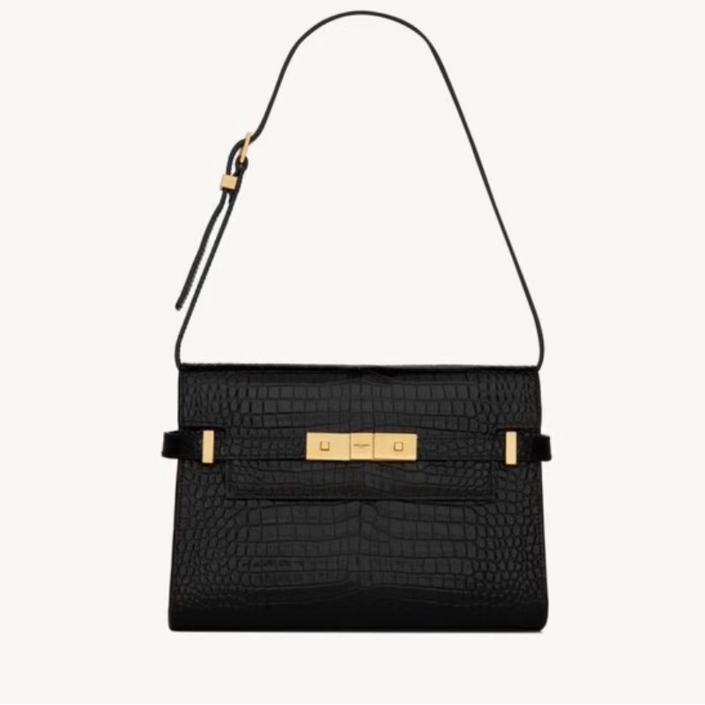 Manhattan Inspired Black Crocodile-Embossed Shoulder Bag
